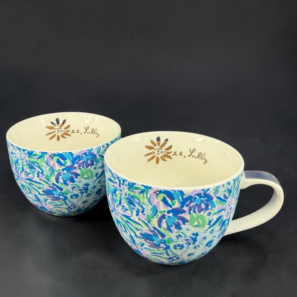 Lilly Pulitzer Floral Ceramic Coffee Mugs Set of 2 Blue Green Gold Handle 12oz
